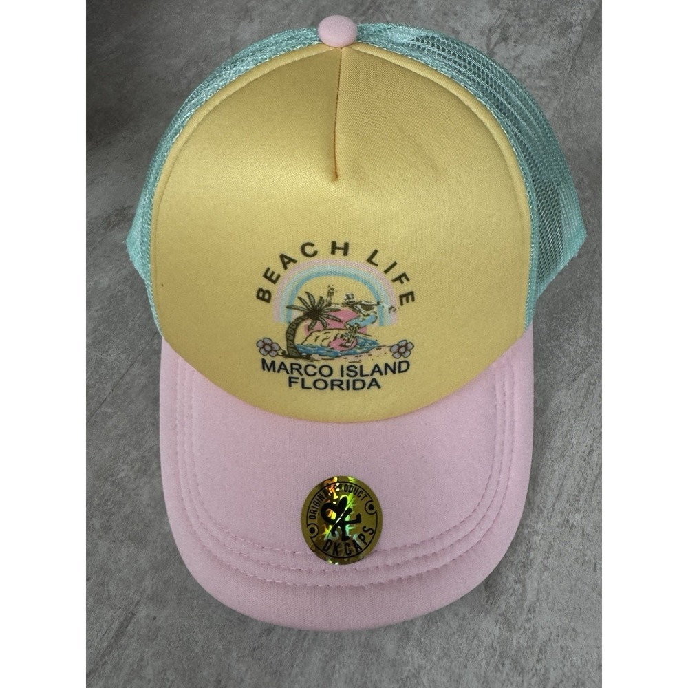 NWT DK Trucker Hat Womens Pink Blue Yellow Vacation Vibe Palm Trees